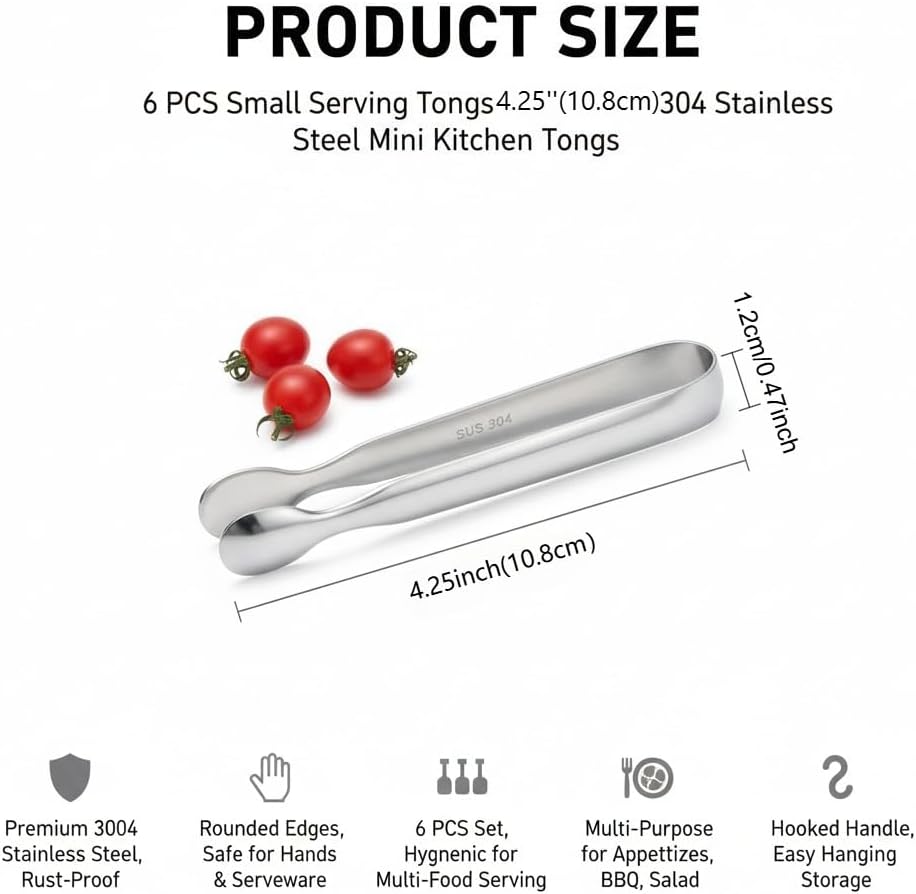 Small Serving Tongs, Stainless Steel Mini Tongs for Appetizers Set of 6