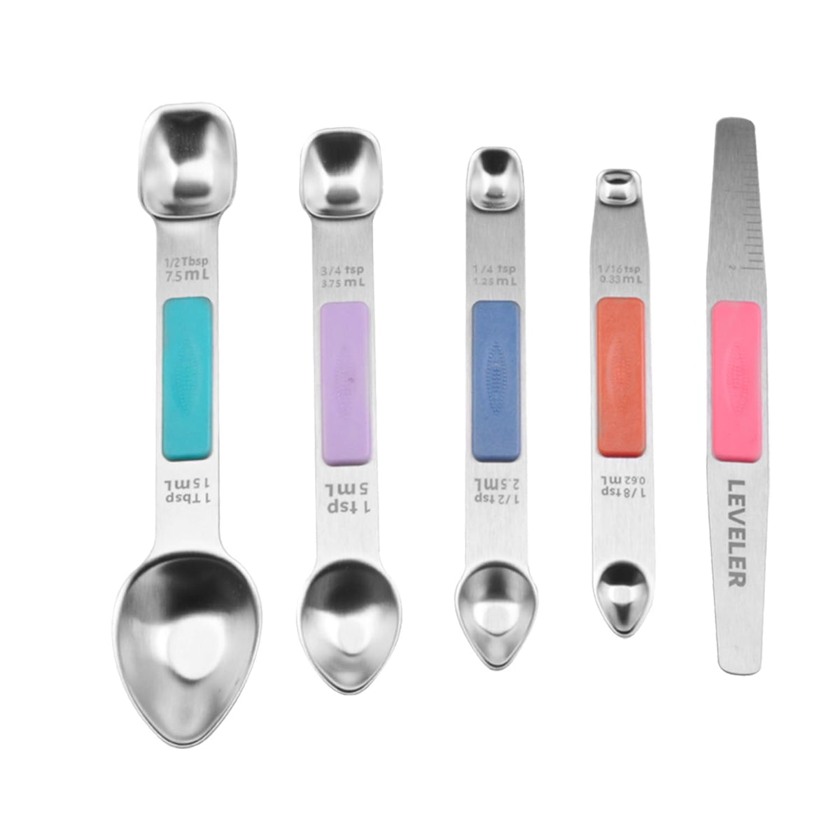 Stainless Steel Magnetic Measuring Spoons Set, Heavy Duty Metal Kitchen Gadgets for Baking & Cooking, Fits in Most Kitchen Spice Jars, Set of 4 with Leveler (Multicolor)