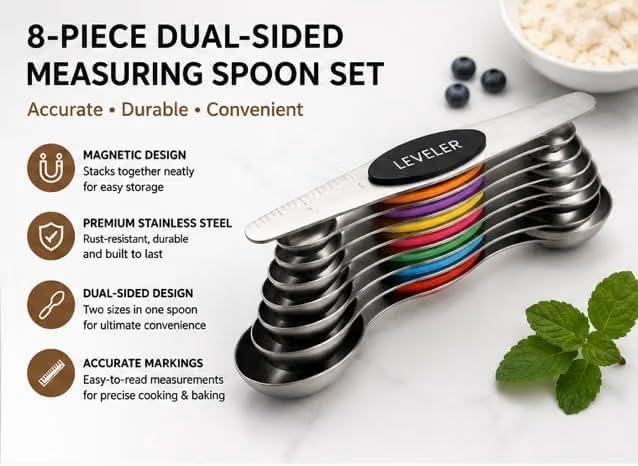 Stainless Steel Magnetic Measuring Spoons Set of 8 (Multicolor)