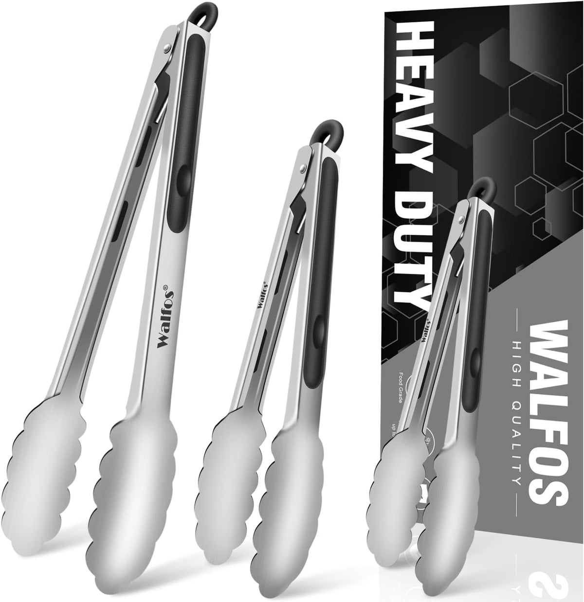 Food Grade Stainless Steel Kitchen Tongs for Cooking,BBQ - 7 ,9 and 12 Inch,Set of 3 Heavy Duty Locking Metal Food Tongs Non-Slip Grip