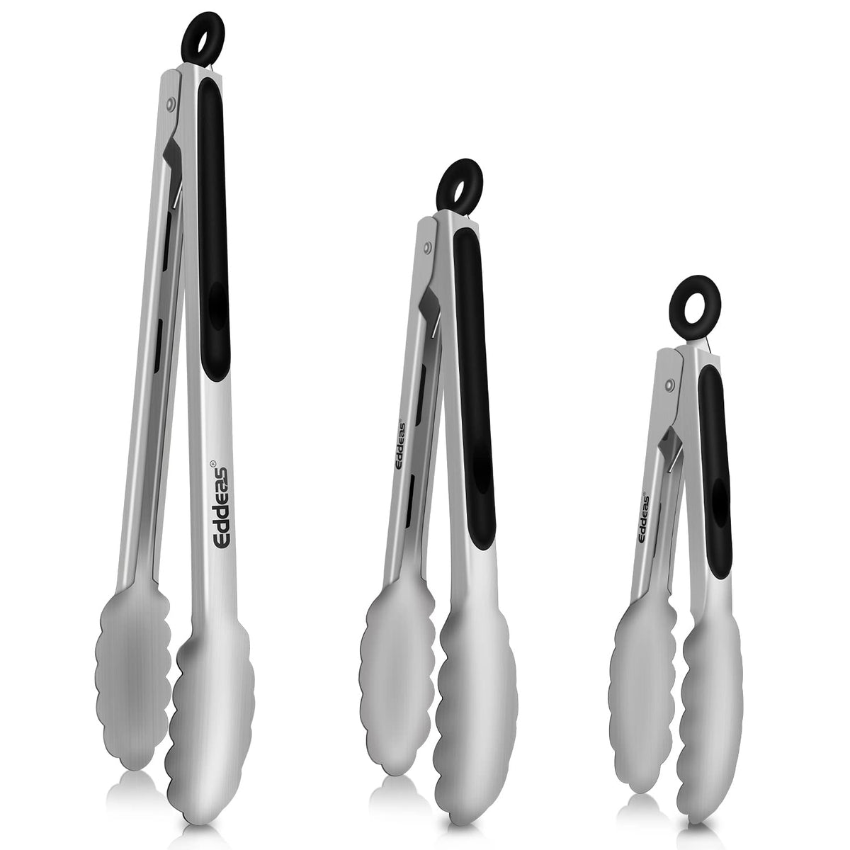 EDDEAS Tongs For Cooking - Heat Resistant 600 Degrees Stainless Steel Kitchen Tong,Heavy Duty Metal Locking Tongs - Perfect for Food, BBQ set of 3 (7",9" and 12") Grey