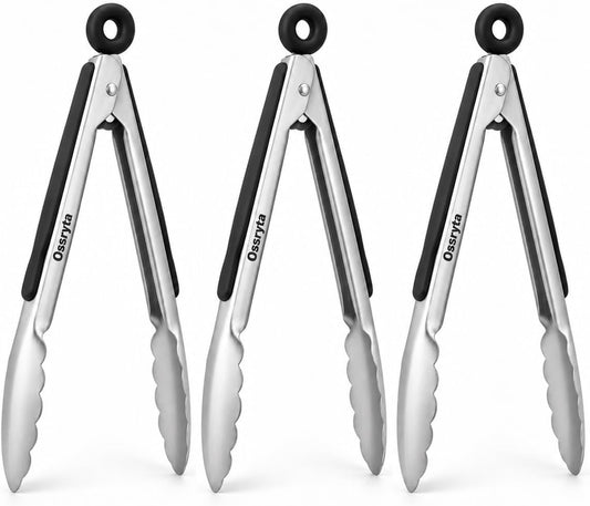 Kitchen Tongs with Silicone Tips - Heat Resistant 600°F Stainless Steel Cooking Tong Set, Non-Stick 7" 9" 12" Locking Silicone Tongs for Cooking, Grilling, Serving & Baking (3-Piece, Black)