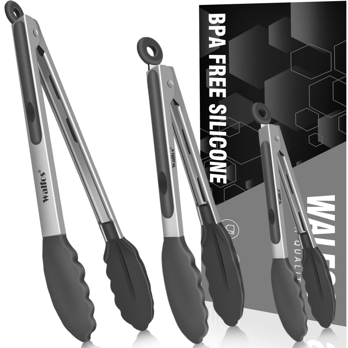 Food Grade Stainless Steel Kitchen Tongs for Cooking,BBQ - 7 ,9 and 12 Inch,Set of 3 Heavy Duty Locking Metal Food Tongs Non-Slip Grip
