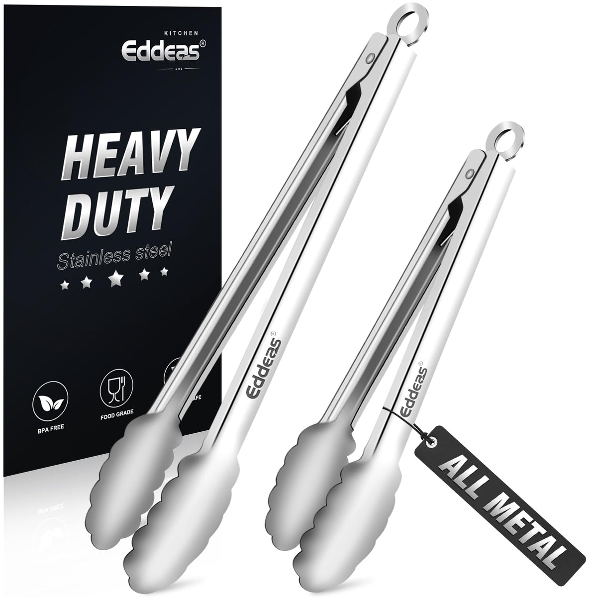 EDDEAS Tongs For Cooking - Heat Resistant 600 Degrees Stainless Steel Kitchen Tong,Heavy Duty Metal Locking Tongs - Perfect for Food, BBQ set of 3 (7",9" and 12") Grey