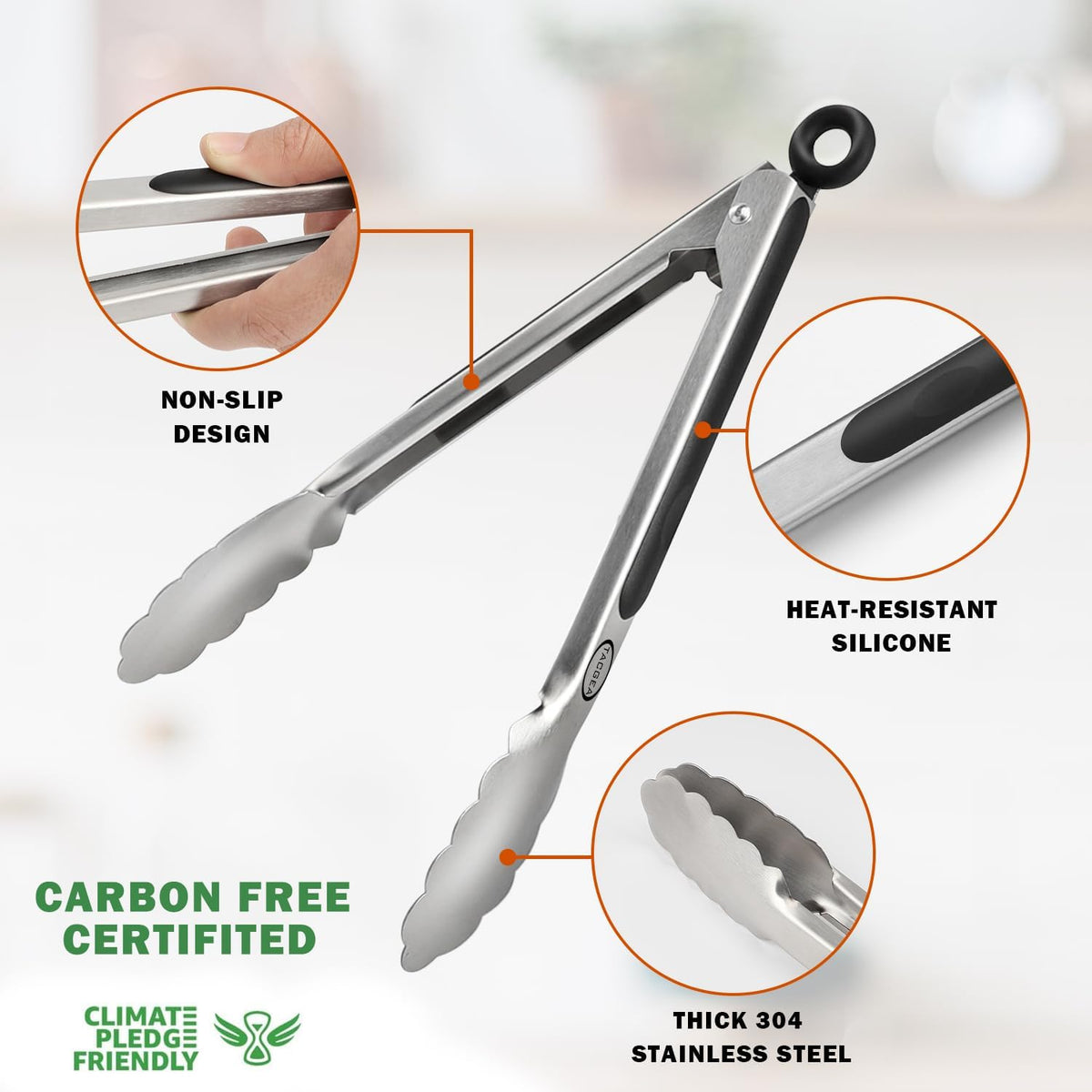 TACGEA Stainless Steel Kitchen Tongs, Silicone Non-slip Grip, Locking Grilling Food Tongs Set of 2, 9-inch & 12-inch