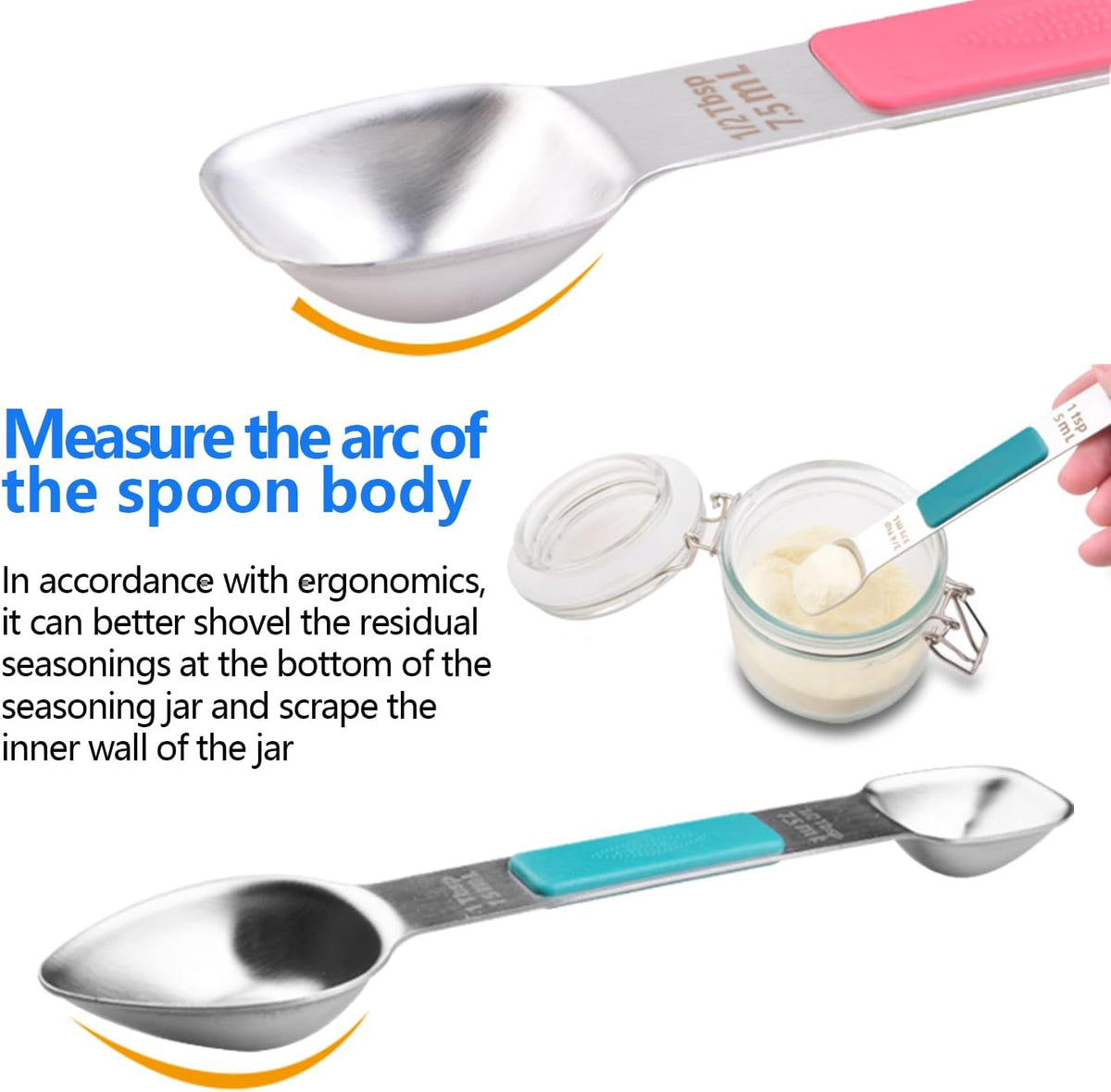 Stainless Steel Magnetic Measuring Spoons Set, Heavy Duty Metal Kitchen Gadgets for Baking & Cooking, Fits in Most Kitchen Spice Jars, Set of 4 with Leveler (Multicolor)