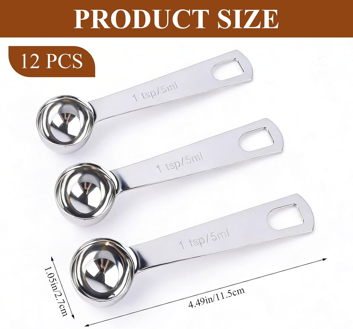 Supkirr 12 Pcs Teaspoon Measuring Spoons, 5ml (5 cc | 1/6 oz) Stainless Steel Tablespoon Measuring Spoon, Metal Teaspoon Scoop for Kitchen Cooking, Baking and Spices Measurement