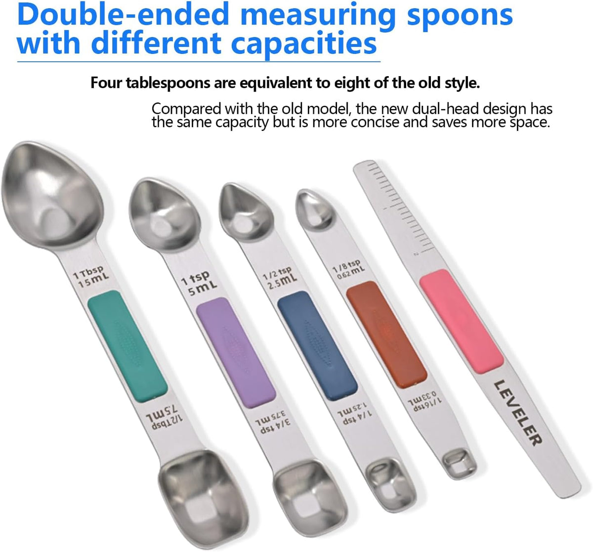 Stainless Steel Magnetic Measuring Spoons Set, Heavy Duty Metal Kitchen Gadgets for Baking & Cooking, Fits in Most Kitchen Spice Jars, Set of 4 with Leveler (Multicolor)