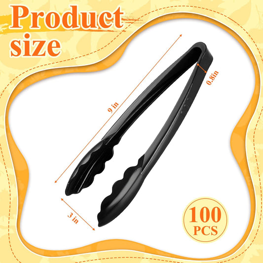 100 Pcs Plastic Tongs, 9 Inch Disposable Serving Tongs, Black