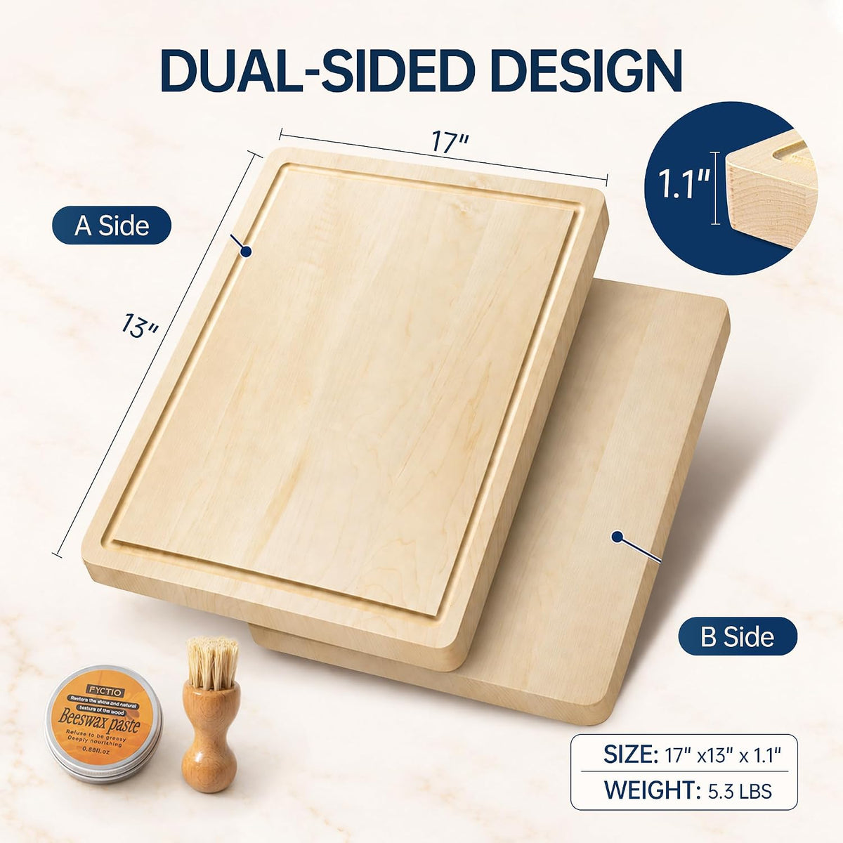 Hard Maple Cutting Board for Kitchen, Solid Wooden Chopping Board