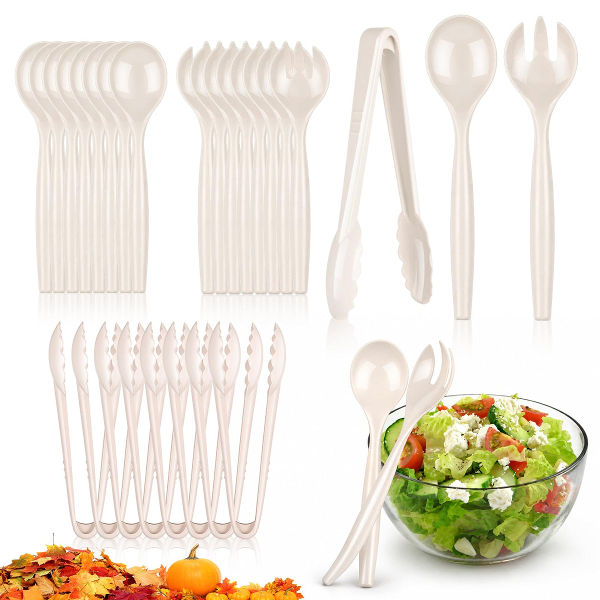 24 Pcs Disposable Black Plastic Serving Utensils,8 Set Including 9.72" Plastic Serving Spoons, Forks and 8.46" Tongs, for Dinner Parties, Buffets,Banquets, Events, Weddings, and Daily Use
