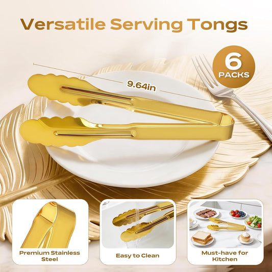 6 Pack Stainless Steel Serving Tongs, 9 Inch Gold Salad Tongs Serving Utensils Buffet Tongs Gold Plated Heavy Duty Reusable Metal Kitchen Clips for Salad, Snack, Barbecue, Catering, Wedding, Party