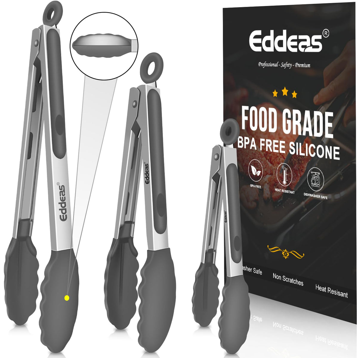 EDDEAS Tongs For Cooking - Heat Resistant 600 Degrees Stainless Steel Kitchen Tong,Heavy Duty Metal Locking Tongs - Perfect for Food, BBQ set of 3 (7",9" and 12") Grey