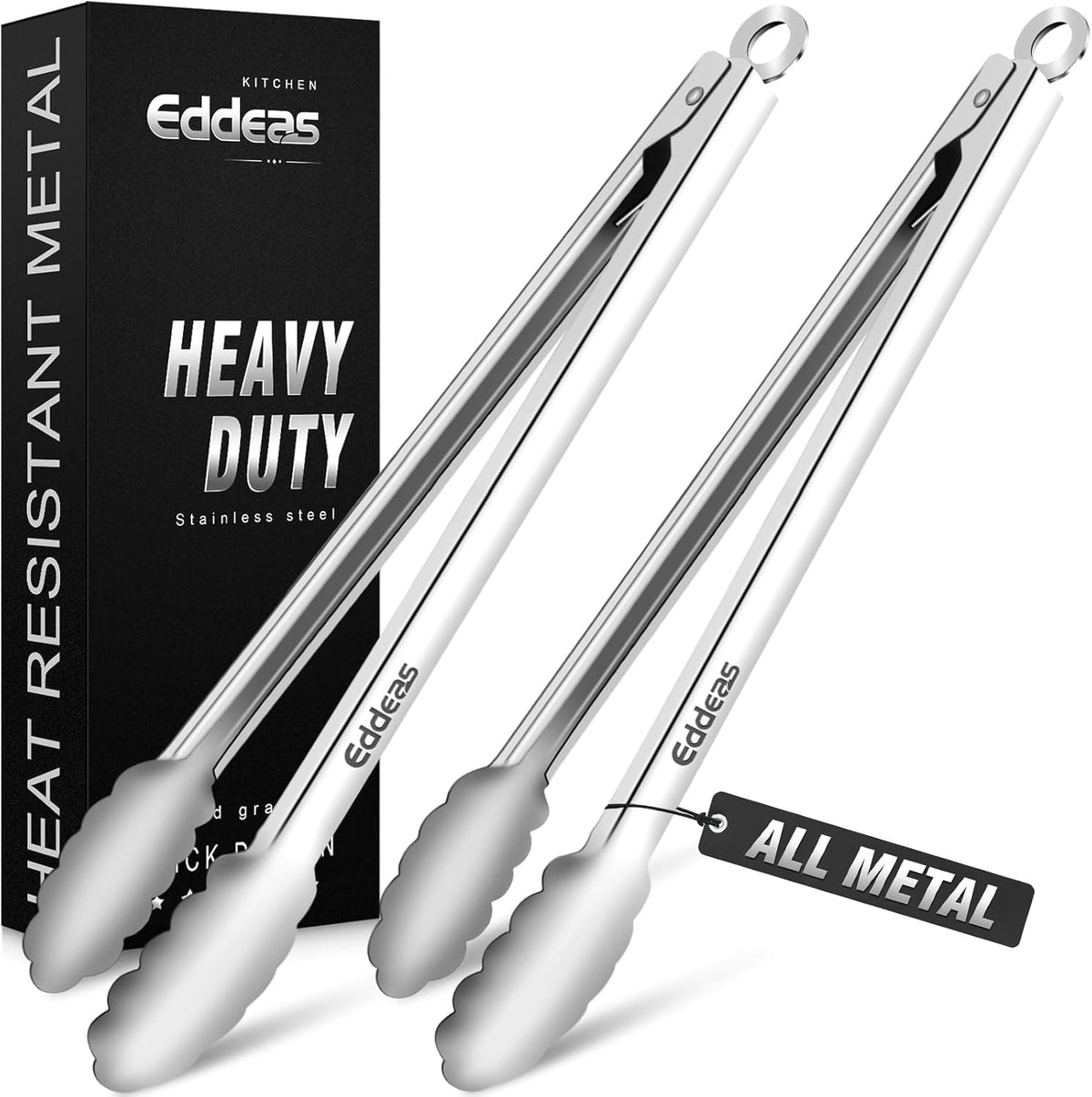 EDDEAS Tongs For Cooking - Heat Resistant 600 Degrees Stainless Steel Kitchen Tong,Heavy Duty Metal Locking Tongs - Perfect for Food, BBQ set of 3 (7",9" and 12") Grey
