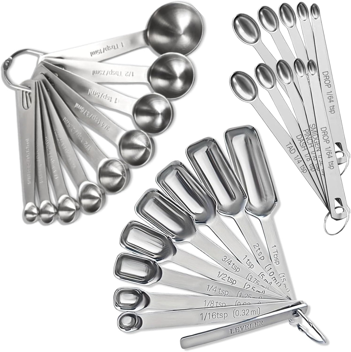 28 Pcs Stainless Steel Measuring Spoons Set with Leveler, Metal Round & Rectangular Spoons plus 2-Pack Mini Spoon Sets for Precise Cooking and Baking, Standard Sizes with Clear Engraved Markings