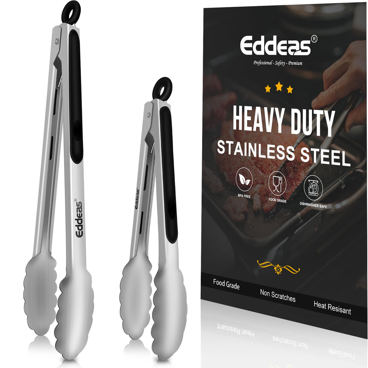 EDDEAS Tongs For Cooking - Heat Resistant 600 Degrees Stainless Steel Kitchen Tong,Heavy Duty Metal Locking Tongs - Perfect for Food, BBQ set of 3 (7",9" and 12") Grey