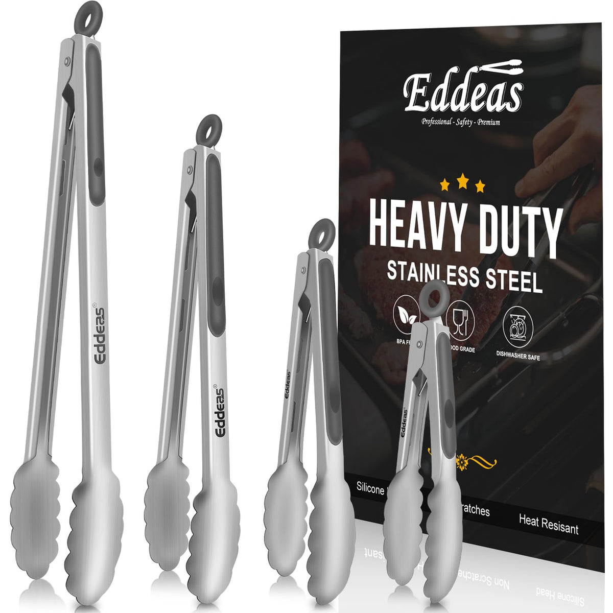 EDDEAS Tongs For Cooking - Heat Resistant 600 Degrees Stainless Steel Kitchen Tong,Heavy Duty Metal Locking Tongs - Perfect for Food, BBQ set of 3 (7",9" and 12") Grey