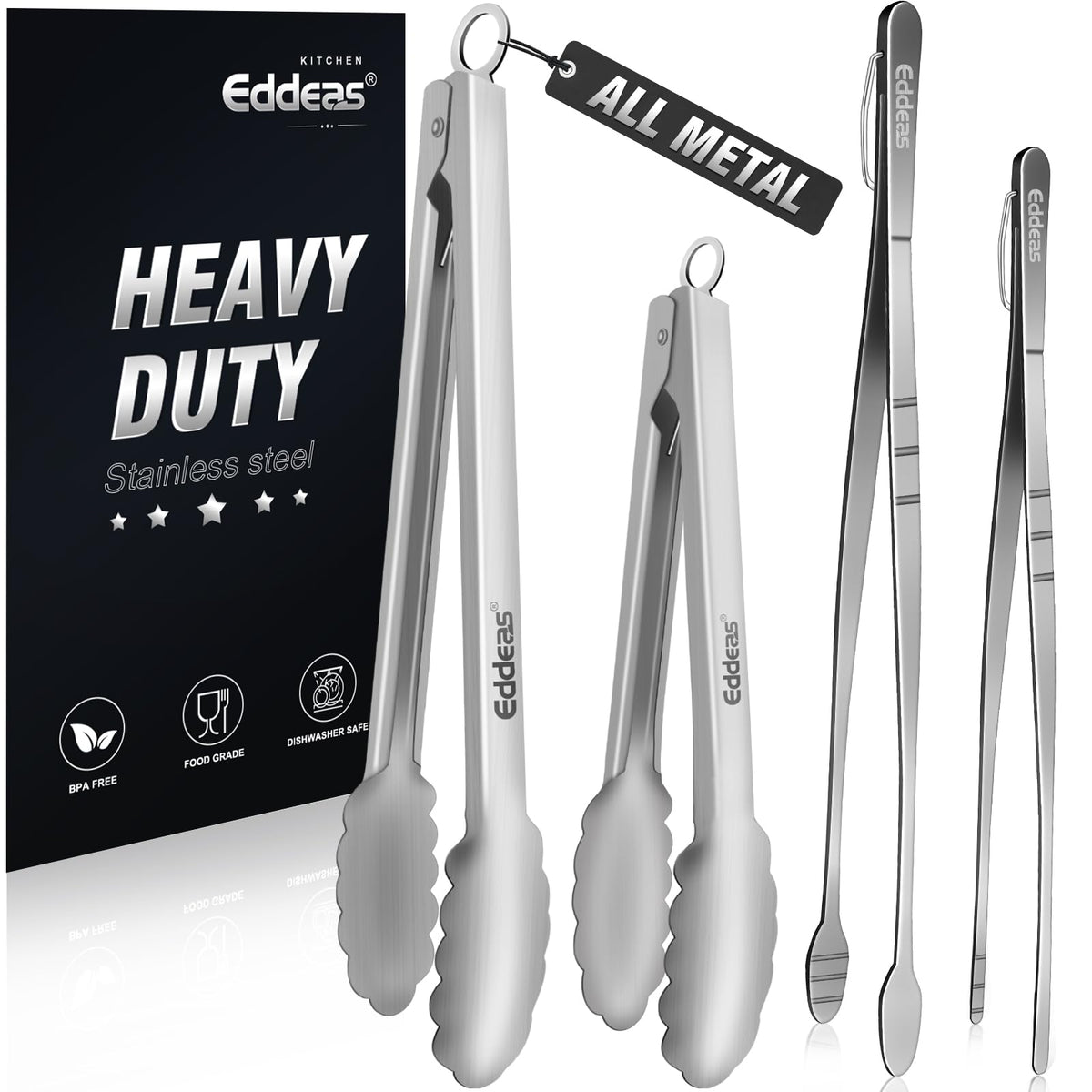 EDDEAS Tongs For Cooking - Heat Resistant 600 Degrees Stainless Steel Kitchen Tong,Heavy Duty Metal Locking Tongs - Perfect for Food, BBQ set of 3 (7",9" and 12") Grey