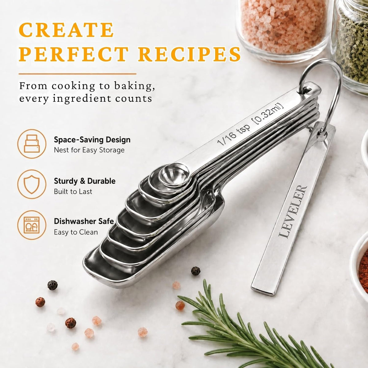 28 Pcs Stainless Steel Measuring Spoons Set with Leveler, Metal Round & Rectangular Spoons plus 2-Pack Mini Spoon Sets for Precise Cooking and Baking, Standard Sizes with Clear Engraved Markings