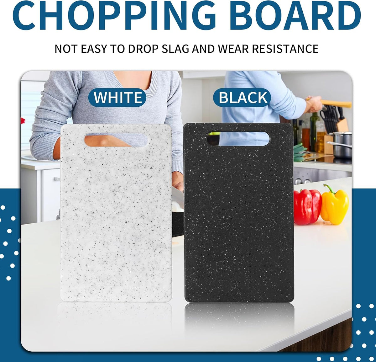 2 Pcs mini plastic cutting boards for the kitchen, in granite color, are suitable for food preparation, fruit and vegetable cutting.They feature an easy-to-hold design (6" x 10",White+Black)