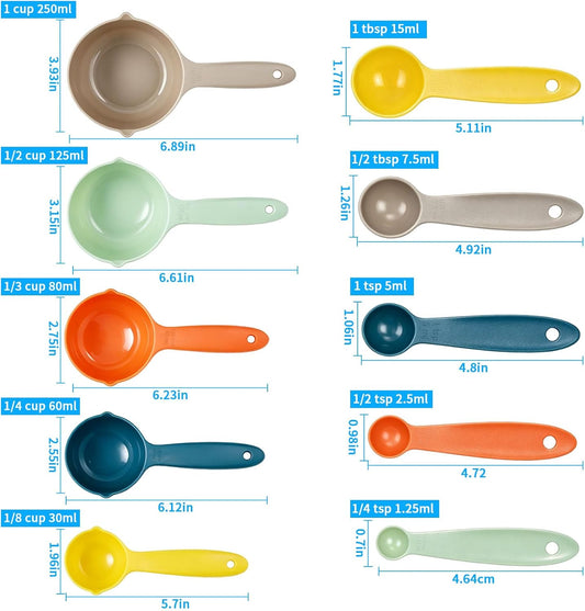 10 pcs Measuring Cups & Spoons Set, Kitchen Gadgets, Measuring Cups with Non-slip Handles for Baking & Cooking, Space-Saving Multicolor Design, Dishwasher Safe