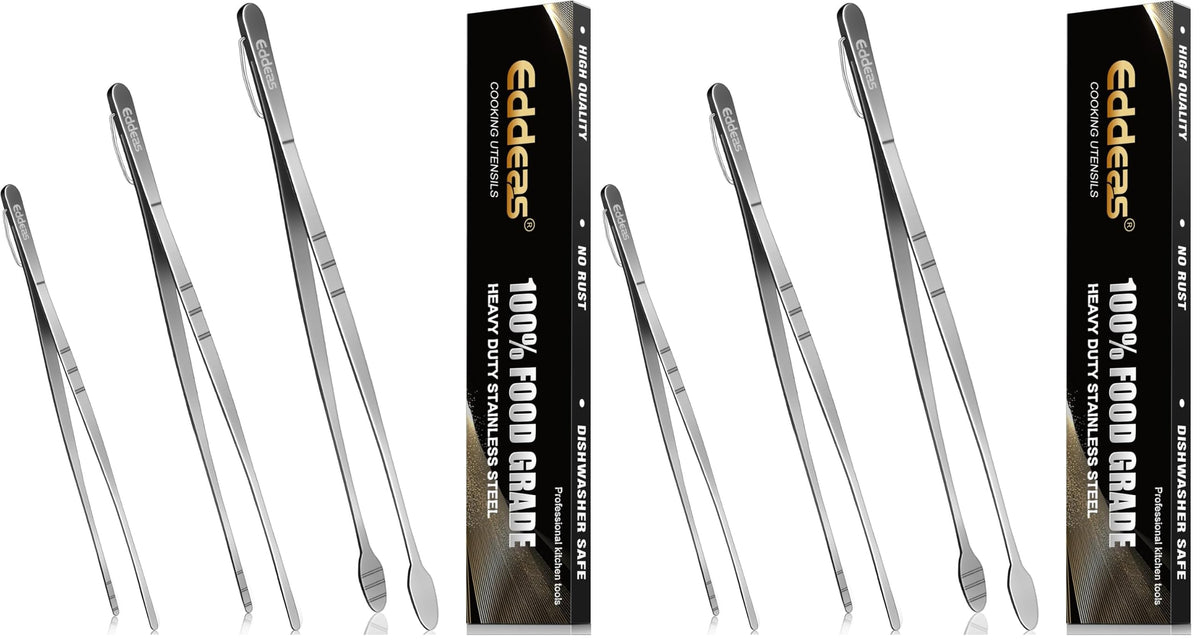 EDDEAS Tongs For Cooking - Heat Resistant 600 Degrees Stainless Steel Kitchen Tong,Heavy Duty Metal Locking Tongs - Perfect for Food, BBQ set of 3 (7",9" and 12") Grey