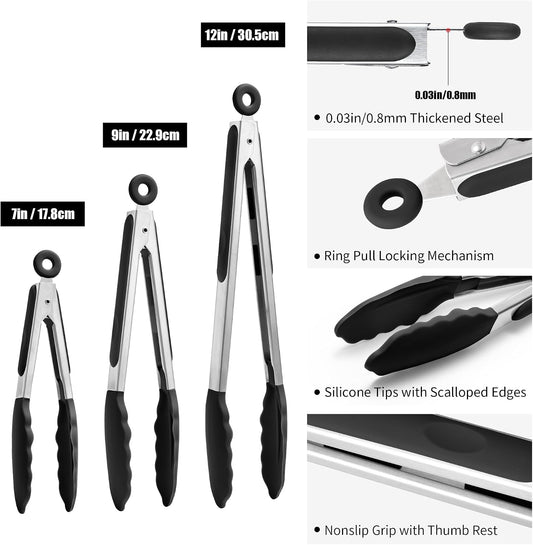 Doosu Kitchen Tongs with Silicone Tips for Cooking Serving (3Pcs, Black)