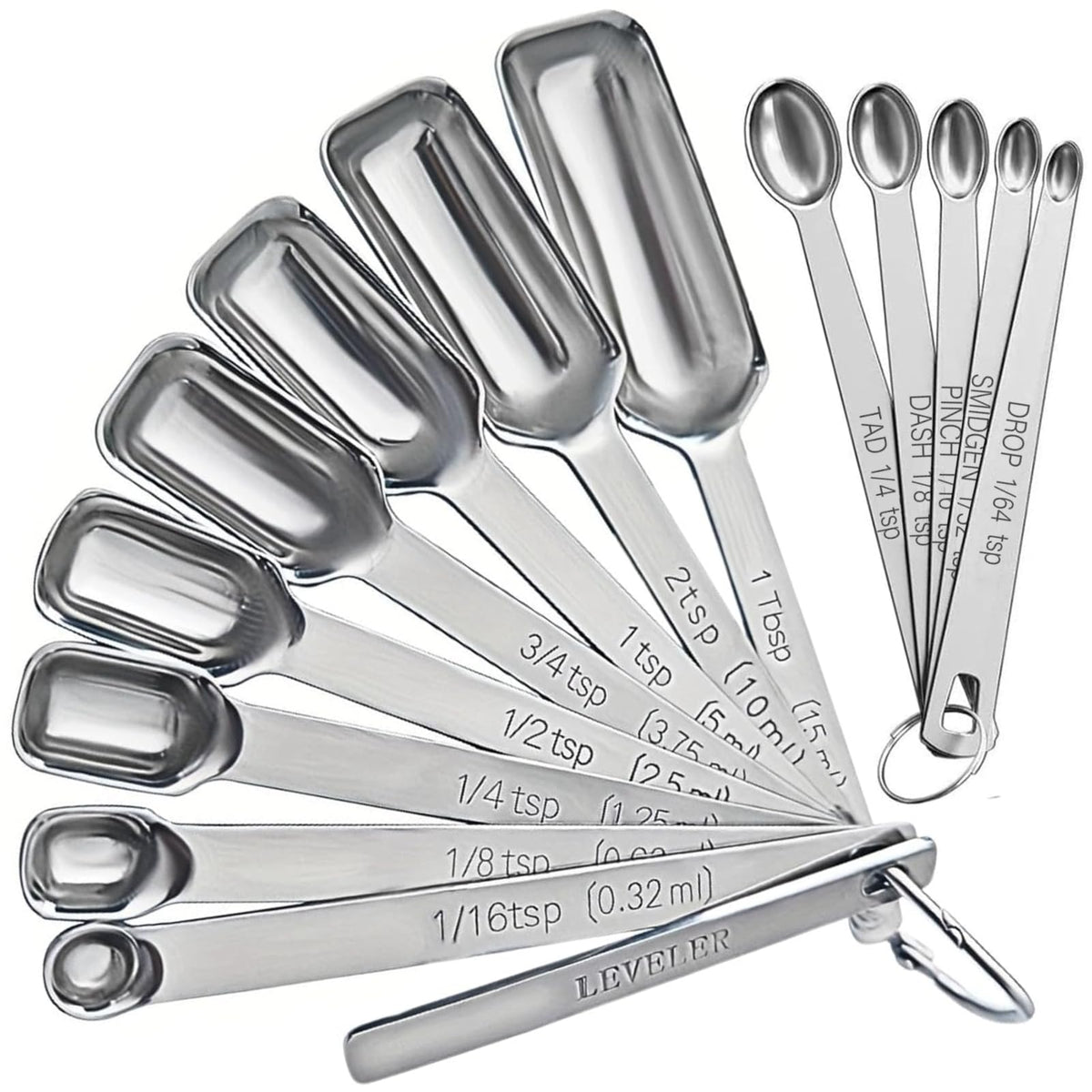 28 Pcs Stainless Steel Measuring Spoons Set with Leveler, Metal Round & Rectangular Spoons plus 2-Pack Mini Spoon Sets for Precise Cooking and Baking, Standard Sizes with Clear Engraved Markings