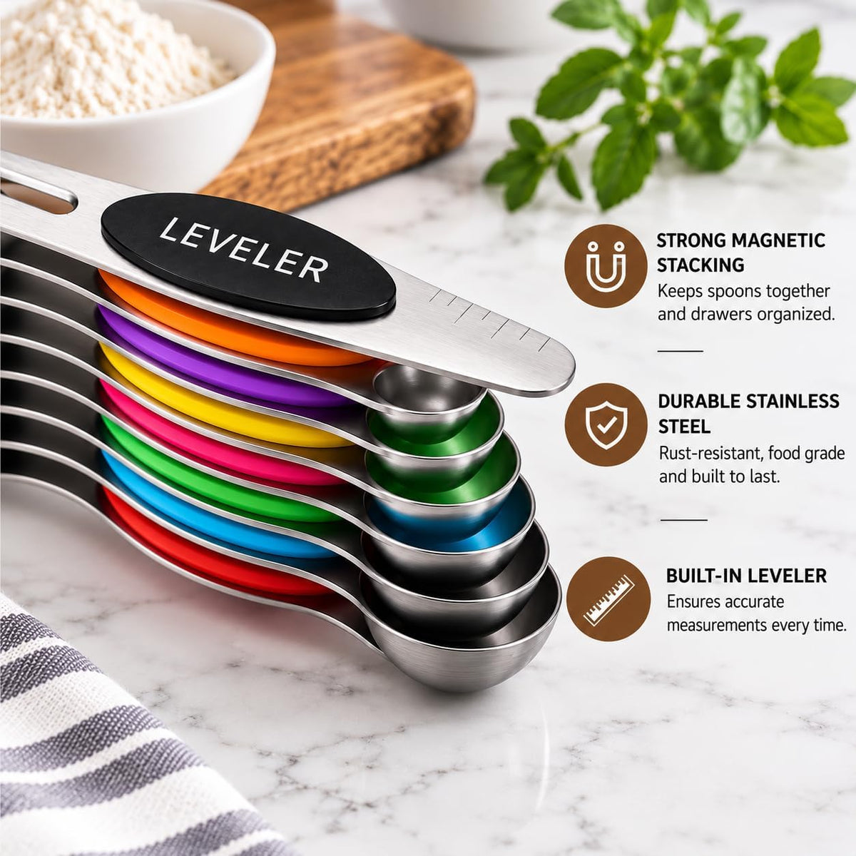 Stainless Steel Magnetic Measuring Spoons Set of 8 (Multicolor)