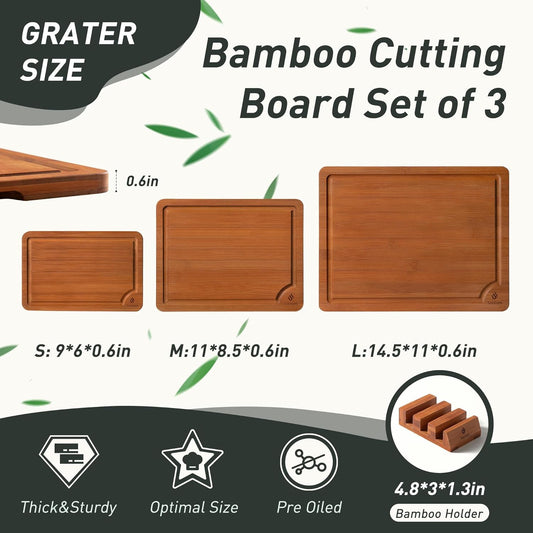 Socisen Bamboo Cutting Board Set with Non Slip Feet Holder and Over Sink Nice Solid Thick Juice Groove Chopping Board Extra Large Big Small Best Hardwood Kitchen Brown 3 Pcs