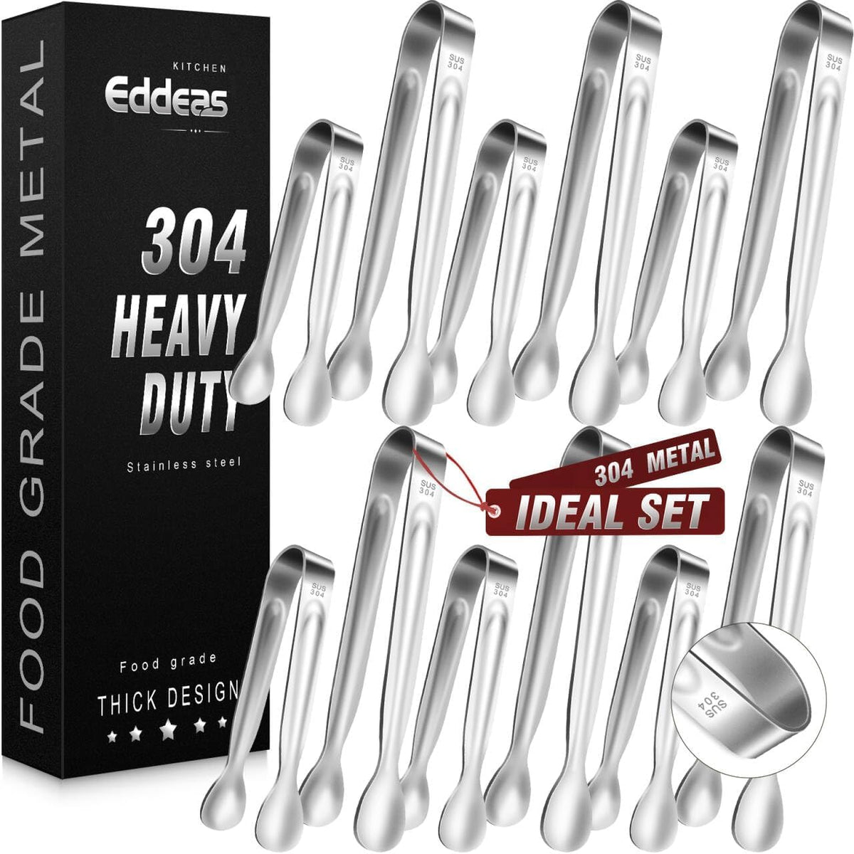 EDDEAS Tongs For Cooking - Heat Resistant 600 Degrees Stainless Steel Kitchen Tong,Heavy Duty Metal Locking Tongs - Perfect for Food, BBQ set of 3 (7",9" and 12") Grey