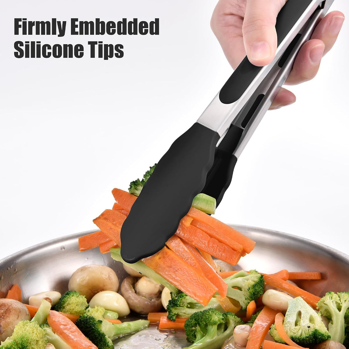 Doosu Kitchen Tongs with Silicone Tips for Cooking Serving (3Pcs, Black)