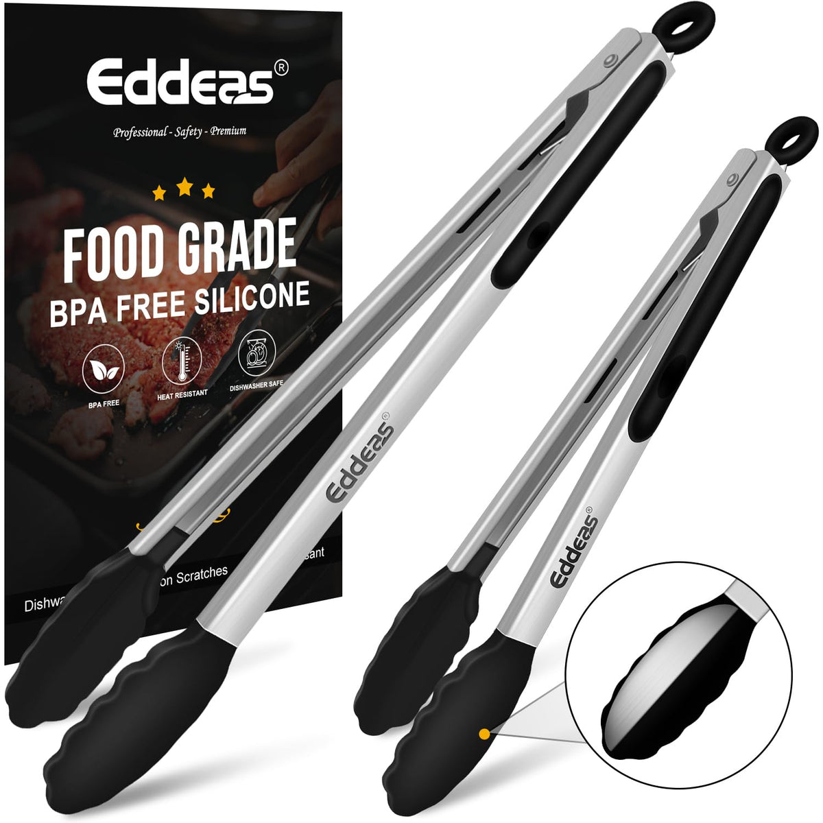EDDEAS Tongs For Cooking - Heat Resistant 600 Degrees Stainless Steel Kitchen Tong,Heavy Duty Metal Locking Tongs - Perfect for Food, BBQ set of 3 (7",9" and 12") Grey