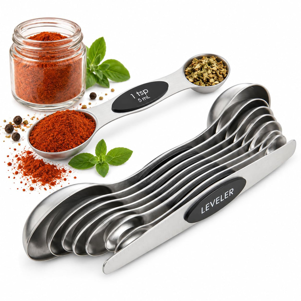 Mrs. Anderson’s Baking Dual-Sided Magnetic Measuring Spoons and Leveler, Heavyweight Stainless Steel, 8-Piece Set