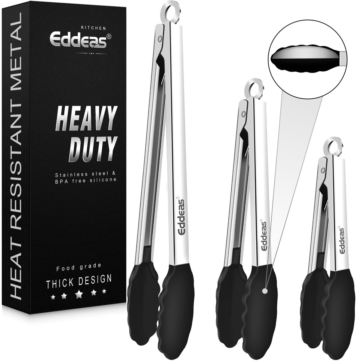 EDDEAS Tongs For Cooking - Heat Resistant 600 Degrees Stainless Steel Kitchen Tong,Heavy Duty Metal Locking Tongs - Perfect for Food, BBQ set of 3 (7",9" and 12") Grey