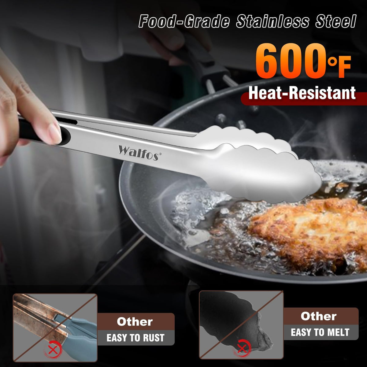 Food Grade Stainless Steel Kitchen Tongs for Cooking,BBQ - 7 ,9 and 12 Inch,Set of 3 Heavy Duty Locking Metal Food Tongs Non-Slip Grip