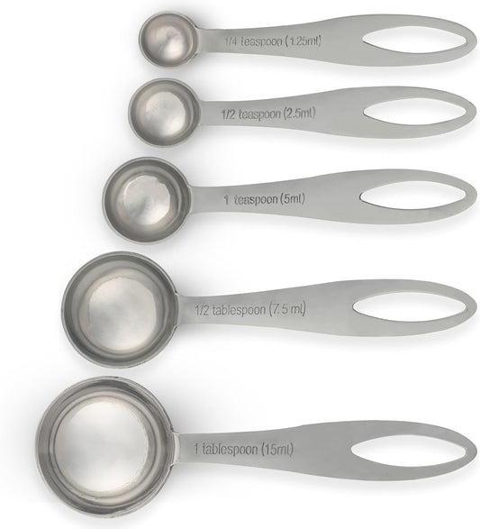 5-Piece Stainless Steel Measuring Spoon Set for Cooking and Baking, Heavy Duty, Fits in Spice Jars, Accurate for Dry and Liquid Ingredients