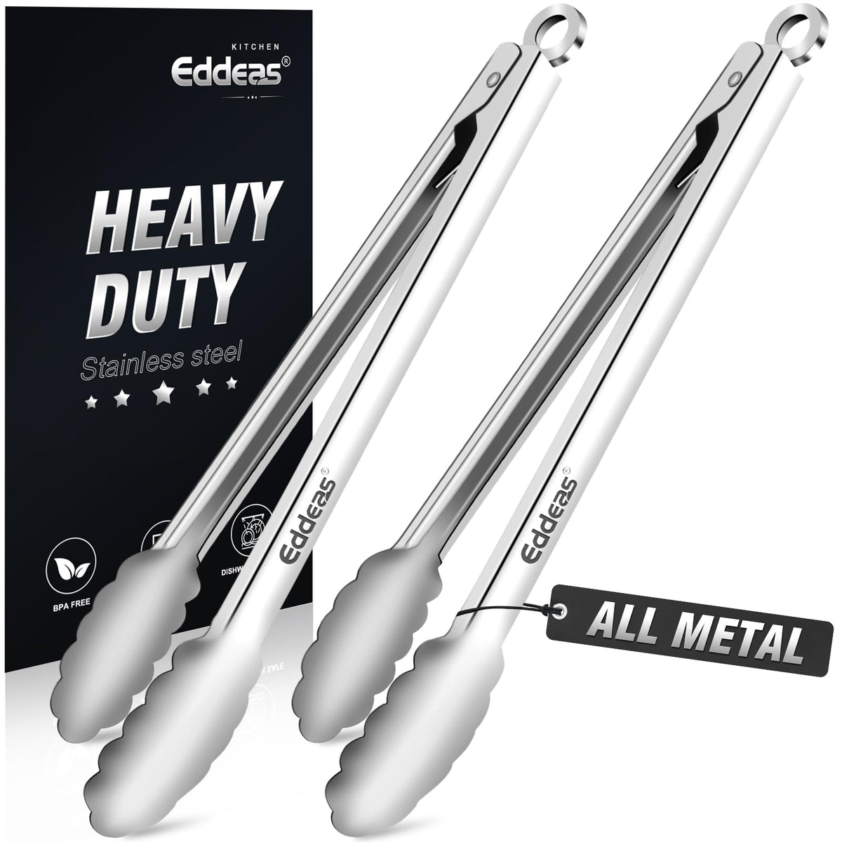 EDDEAS Tongs For Cooking - Heat Resistant 600 Degrees Stainless Steel Kitchen Tong,Heavy Duty Metal Locking Tongs - Perfect for Food, BBQ set of 3 (7",9" and 12") Grey