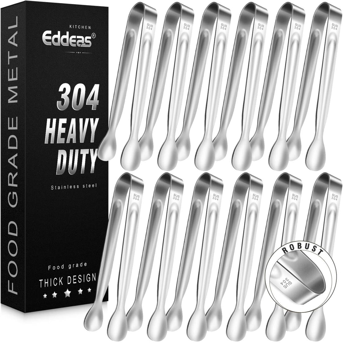 EDDEAS Tongs For Cooking - Heat Resistant 600 Degrees Stainless Steel Kitchen Tong,Heavy Duty Metal Locking Tongs - Perfect for Food, BBQ set of 3 (7",9" and 12") Grey