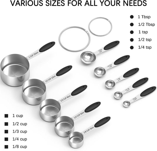 Stainless Steel Measuring Cups and Spoons Set with Silicone Handle – Nesting Design for Space-Saving, Heavy Duty & Dishwasher Safe for Dry/Liquid Ingredients, Cooking & Baking (10, Black)
