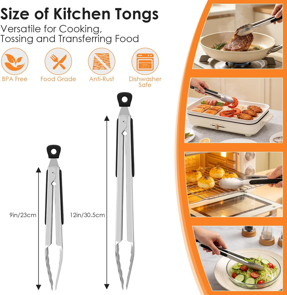 Hotec Stainless Steel Kitchen Tongs for Cooking, Set of 3-7", 9" and 12"