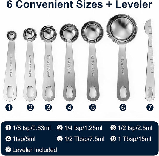 Bopei Measuring Spoons Set, 7-Piece 18/8 Stainless Steel with Leveler