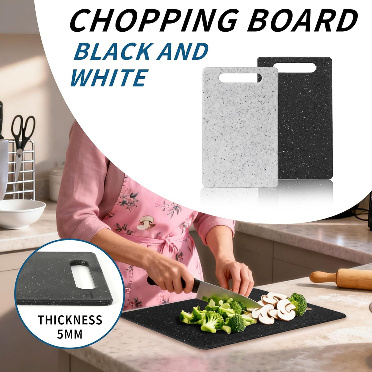 2 Pcs mini plastic cutting boards for the kitchen, in granite color, are suitable for food preparation, fruit and vegetable cutting.They feature an easy-to-hold design (6" x 10",White+Black)