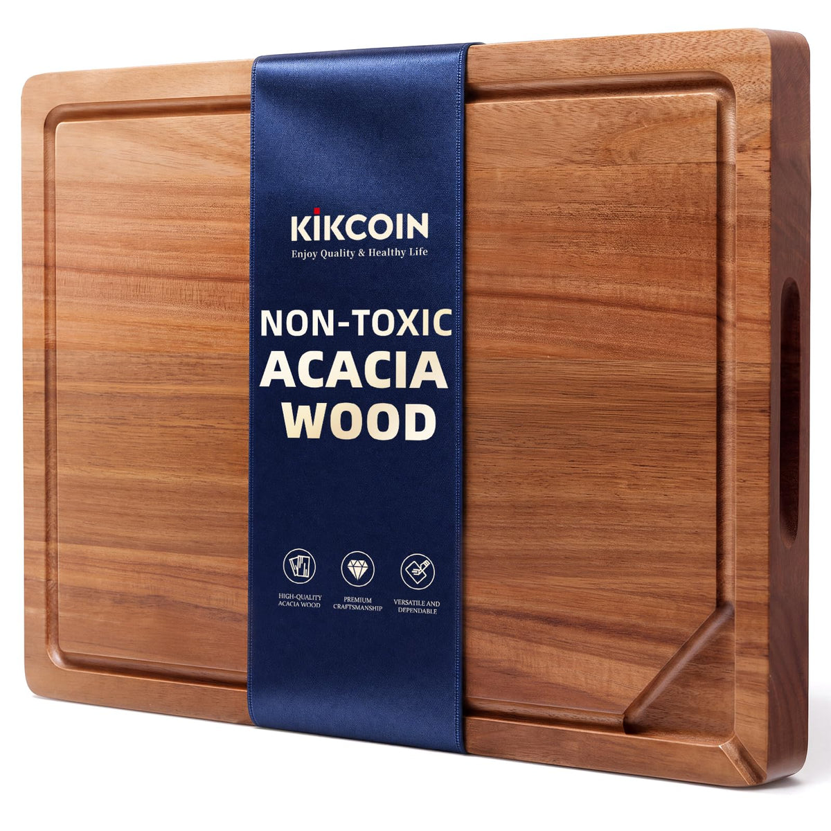 Kikcoin Food Safe Acacia Wood Cutting Board Set, Reversible Tray