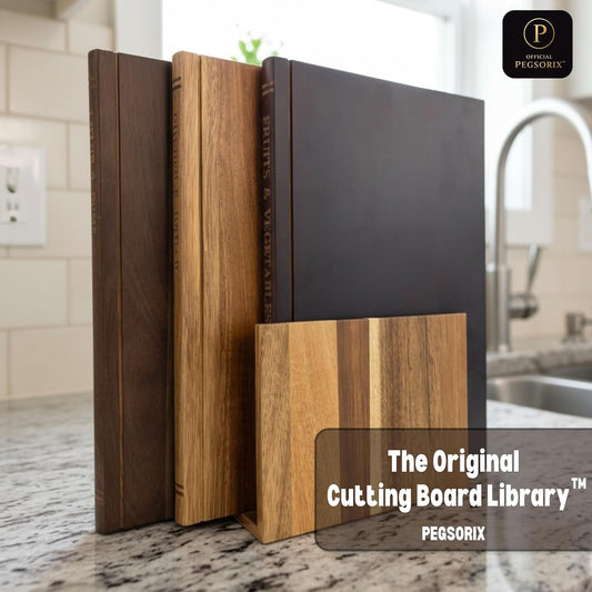 The Cutting Board Library™ (Original Design) | Decorative Kitchen Board Collection Bundle with Display Stand | Premium Acacia Wood | Stabilized Non-Slip Base