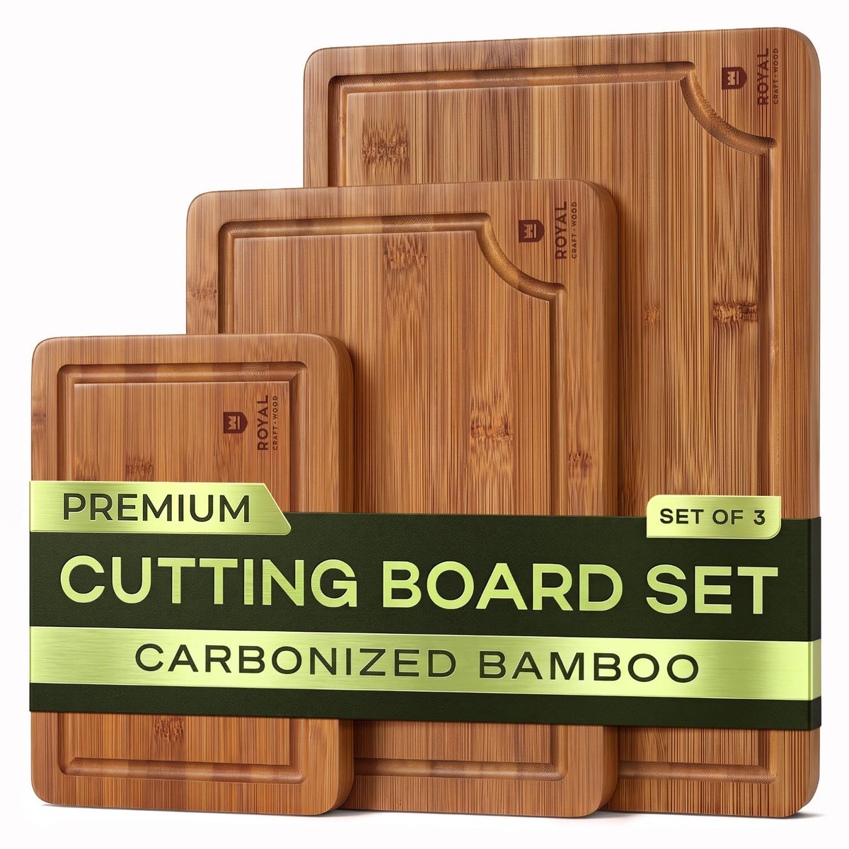 ROYAL CRAFT WOOD Wooden Cutting Boards for Kitchen Appliances - Non Toxic Bamboo Wood Cutting Board Set with Deep Juice Groove, Side Handles, Charcuterie & Butcher Block for Meat, Meal Prep & Serving