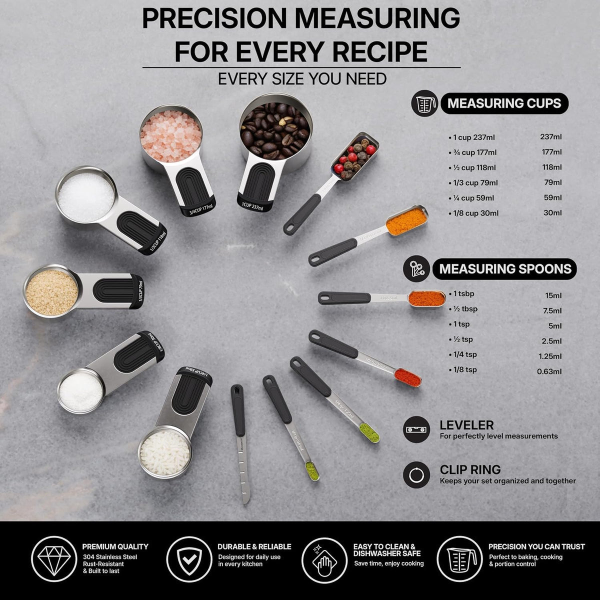 Stainless Steel Magnetic Measuring Cups and Spoons Set, Engraved Markings, Dishwasher Safe