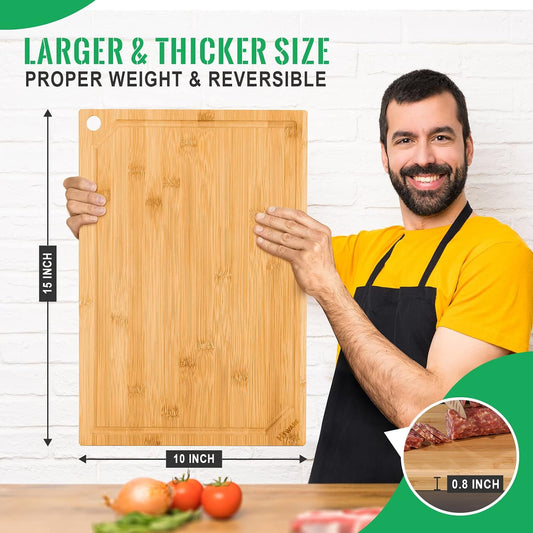 Hiware Bamboo Cutting Board for Kitchen, Heavy Duty Wood Cutting Board with Juice Groove, 100% Organic Bamboo, Pre Oiled, 15" x 10"