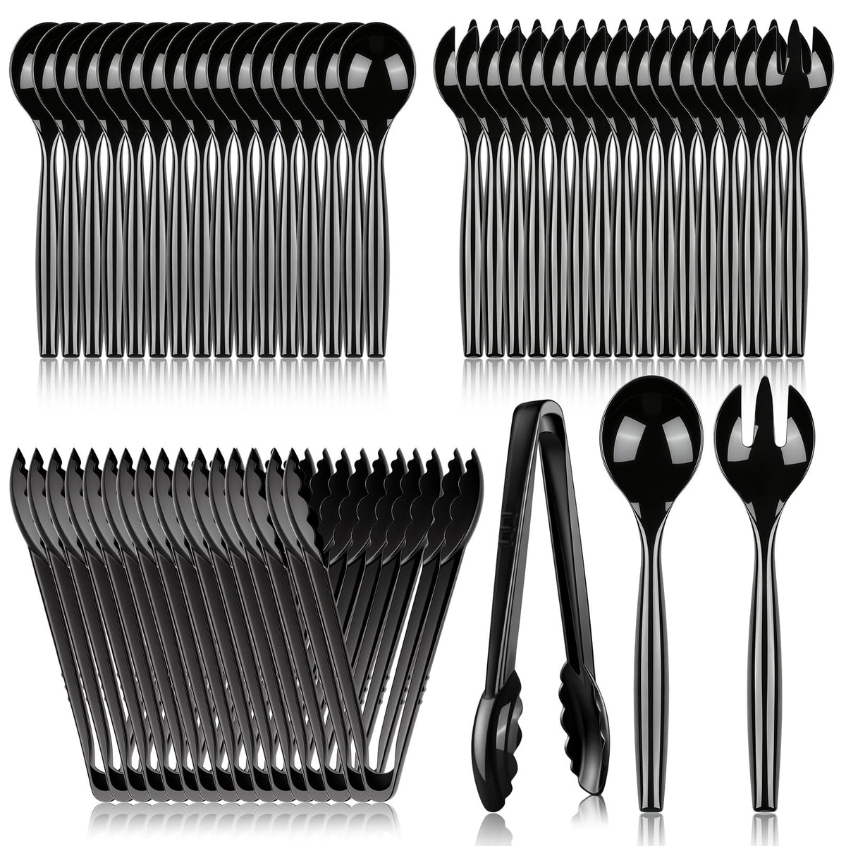24 Pcs Disposable Black Plastic Serving Utensils,8 Set Including 9.72" Plastic Serving Spoons, Forks and 8.46" Tongs, for Dinner Parties, Buffets,Banquets, Events, Weddings, and Daily Use