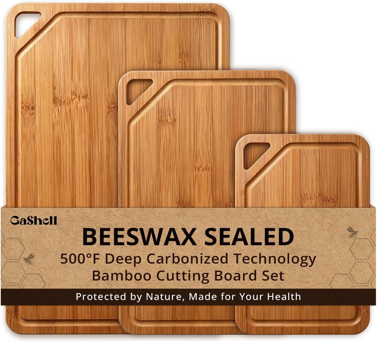 GASHELL Bamboo Cutting Board Set with Beeswax Coating for Kitchen(S+M+L)